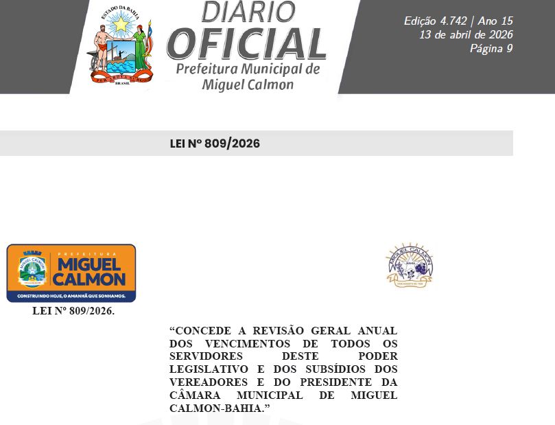 Miguel Calmon concede reajuste de 3,81% a servidores do Legislativo e vereadores